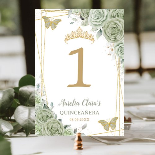 Quinceaera Birthday Sage Green Floral Butterflies Table Number