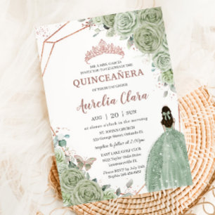 Quinceañera Birthday Sage Green Floral Rose Gold Invitation