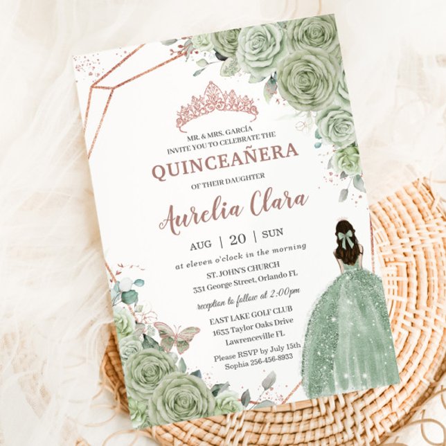 Quinceañera Birthday Sage Green Floral Rose Gold Invitation (Creator Uploaded)