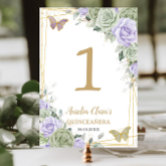 Quinceañera Purple Lilac Floral Gold Butterflies Table Number