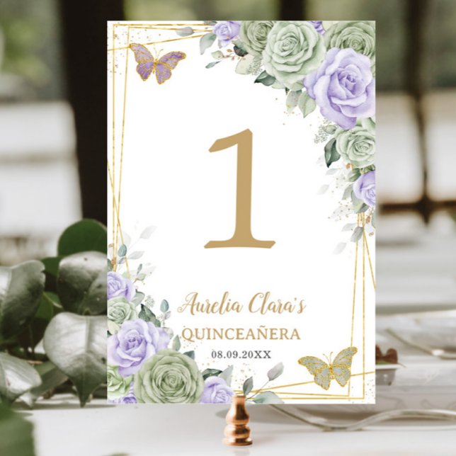 Quinceañera Birthday Sage Green Purple Rose Floral Table Number (Creator Uploaded)