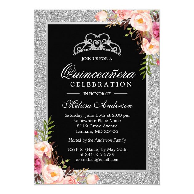 Quinceanera Birthday Silver Glitter Sparkle Floral Card (front side)