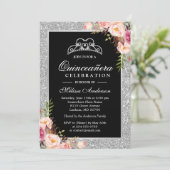 Quinceanera Birthday Silver Glitter Sparkle Floral Invitation (Standing Front)