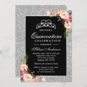 Quinceanera Birthday Silver Glitter Sparkle Floral Invitation (Front/Back)