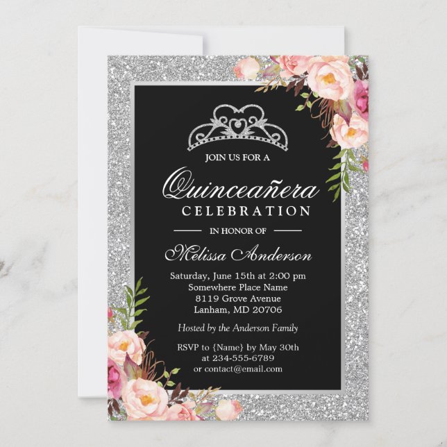 Quinceanera Birthday Silver Glitter Sparkle Floral Invitation (Front)