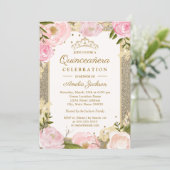 Quinceanera Birthday Sparkle Pink Gold Floral card (Standing Front)