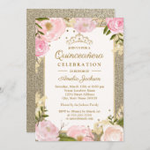 Quinceanera Birthday Sparkle Pink Gold Floral card (Front/Back)