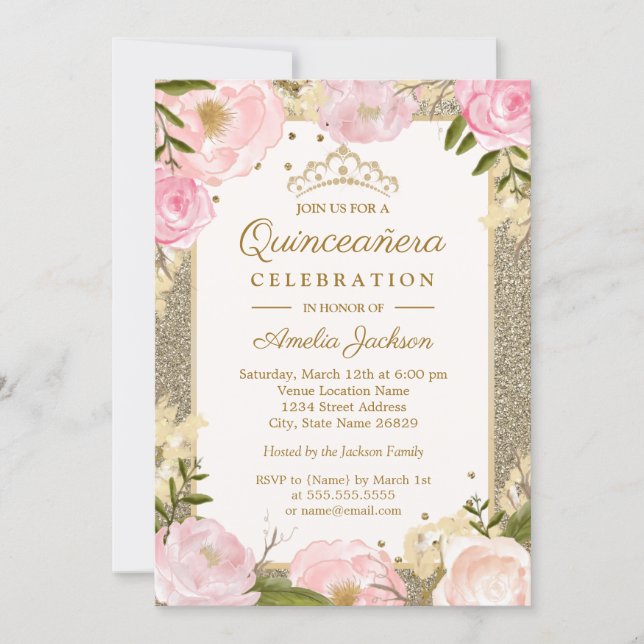 Quinceanera Birthday Sparkle Pink Gold Floral card (Front)