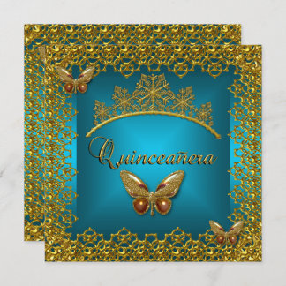 Quinceanera Birthday Teal Gold Tiara Butterfly Invitation