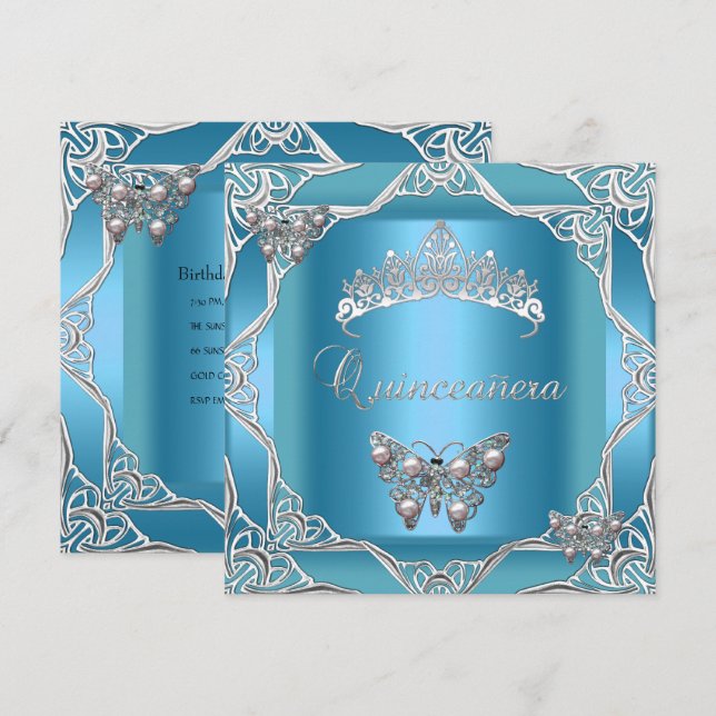 Quinceanera Birthday Teal Silver Tiara Butterfly Invitation (Front/Back)