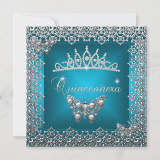Quinceanera Birthday Teal Silver Tiara Butterfly Invitation