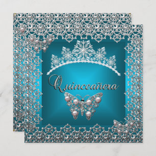Quinceanera Birthday Teal Silver Tiara Butterfly Invitation