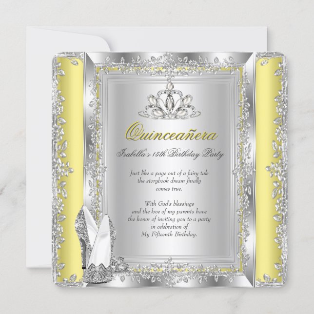 Quinceanera Birthday Yellow Silver Shoes Invitation (Front)