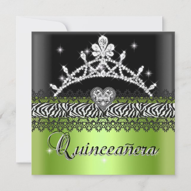 Quinceanera Birthday Zebra Lime Green Black White Invitation (Front)