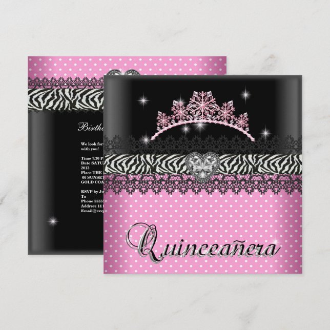 Quinceanera Birthday Zebra  Pink Black White Invitation (Front/Back)