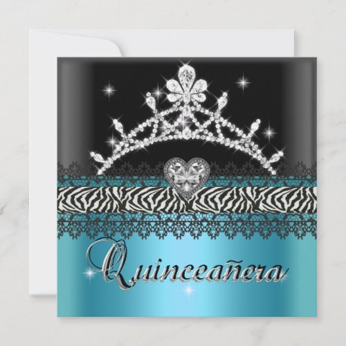 Quinceanera Birthday Zebra Teal Blue Black White Invitation