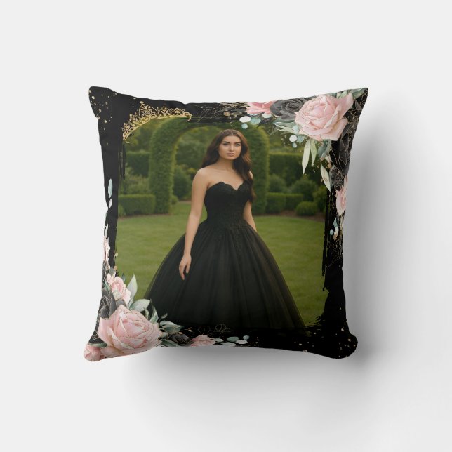 Quinceanera Black and Blush Pink Floral Photo Throw Pillow (Back)