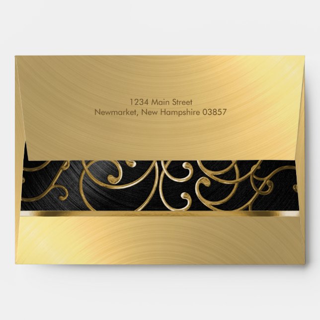 Quinceanera Black and Gold Filigree Swirls Envelope (Back (Top Flap))