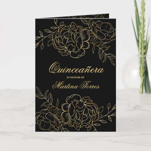 Quinceanera Black and Gold Fine Floral Invitation