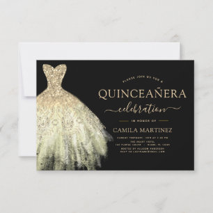 Quinceanera Black and Gold Glitter Sparkle Invitation