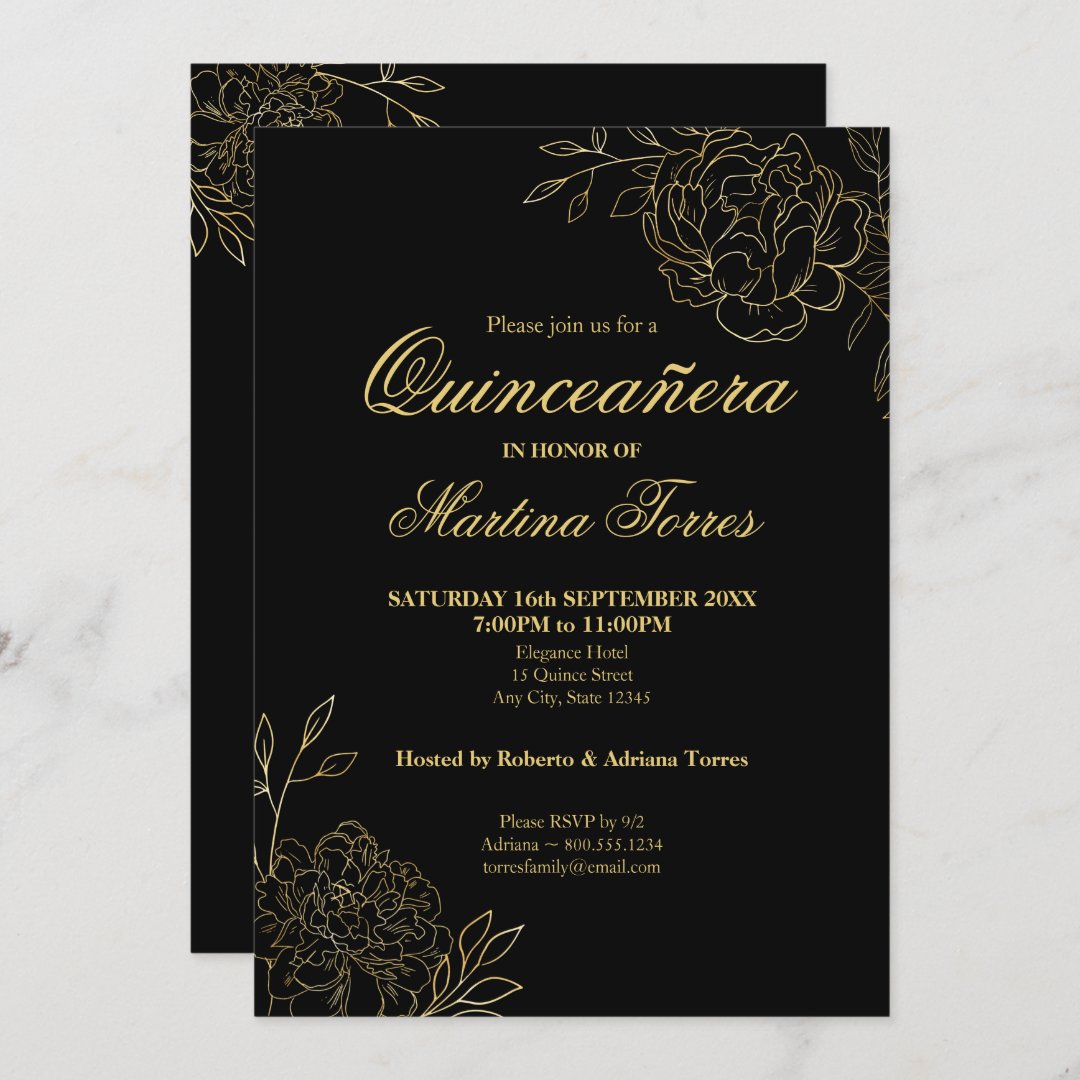 Quinceanera Black and Gold Outline Flowers Floral Invitation | Zazzle