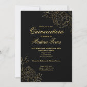 Quinceanera Black and Gold Outline Flowers Floral Invitation (Front)