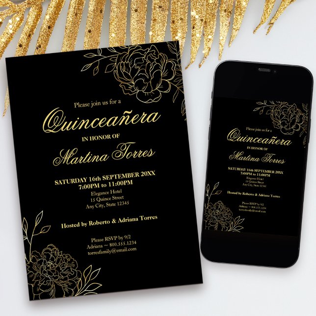 Quinceanera Black and Gold Outline Flowers Floral Invitation