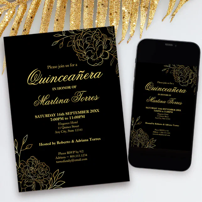 Quinceanera Black and Gold Outline Flowers Floral Invitation | Zazzle