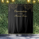 Quinceanera Black and Gold Photo Booth Backdrop<br><div class="desc">Elegant black and gold photo booth backdrop. Designed for your black and gold themed Quinceanera, this large wall hanging can actually be used for any occasion, as all the wording can be customized. The template is set up ready for you to personalize the design with your occasion and your name....</div>