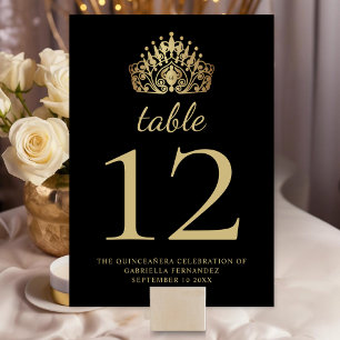 Quinceañera Black and Gold Princess Tiara Crown Table Number