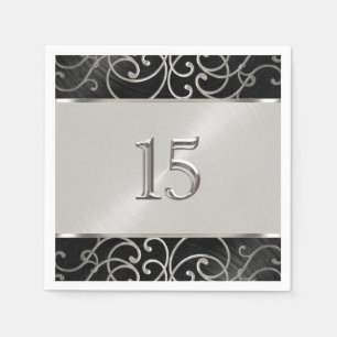 Quinceanera Black and Silver Filigree Swirls Napkins