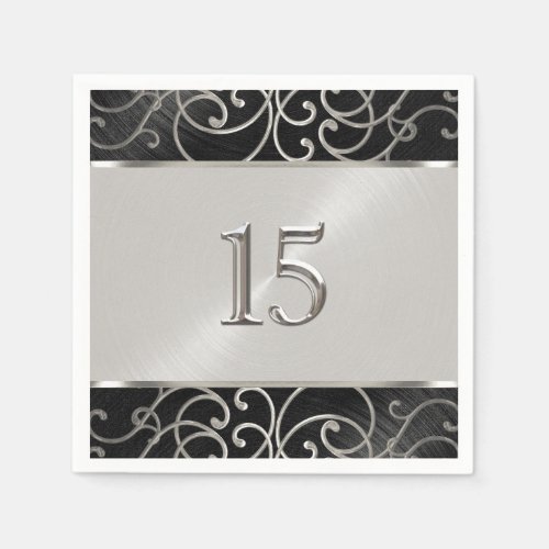 Quinceanera Black and Silver Filigree Swirls Napkins