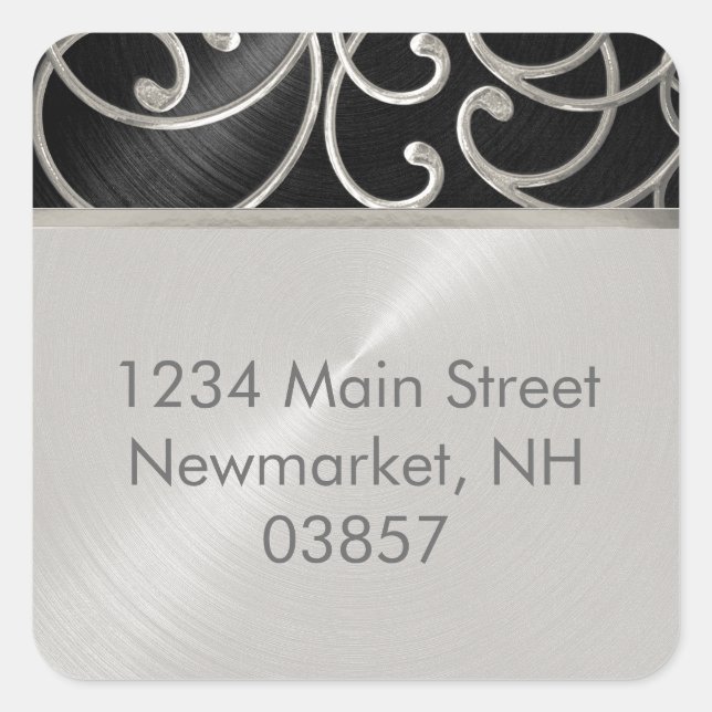 Quinceanera Black and Silver Filigree Swirls Square Sticker (Front)