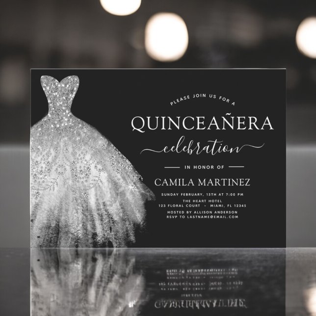 Quinceanera Black and Silver Glitter Sparkle Invitation (Creator Uploaded)