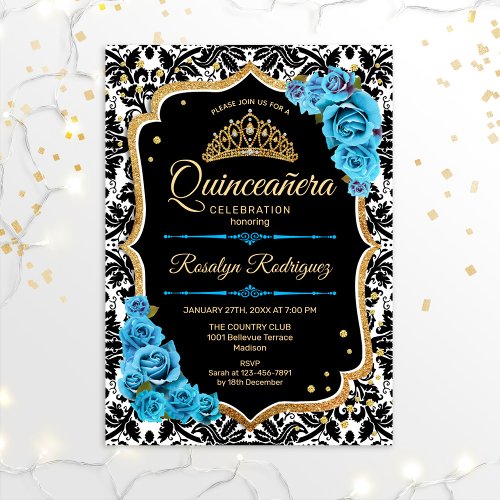 Quinceanera _ Black Blue Gold Invitation