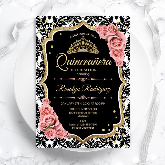 Quinceanera - Black Blush Pink Gold Invitation