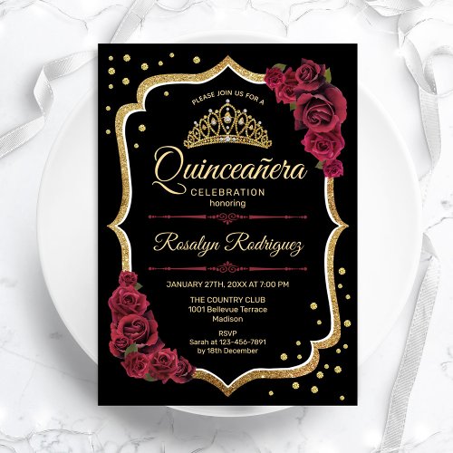 Quinceanera _ Black Burgundy Gold Invitation