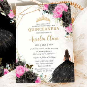 Quinceañera Black Dress Fuchsia Floral Princess Invitation