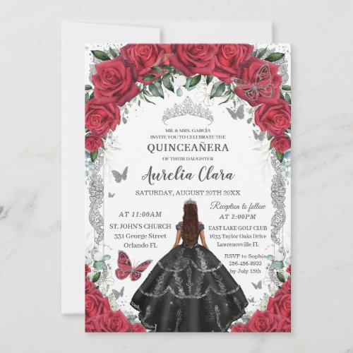 Quinceaera Black Dress Red Floral Vintage Silver Invitation