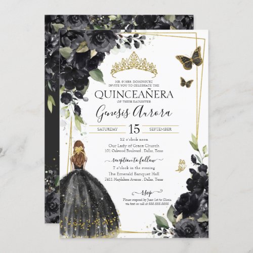 Quinceaera Black Floral Butterfly Girl in Dress Invitation