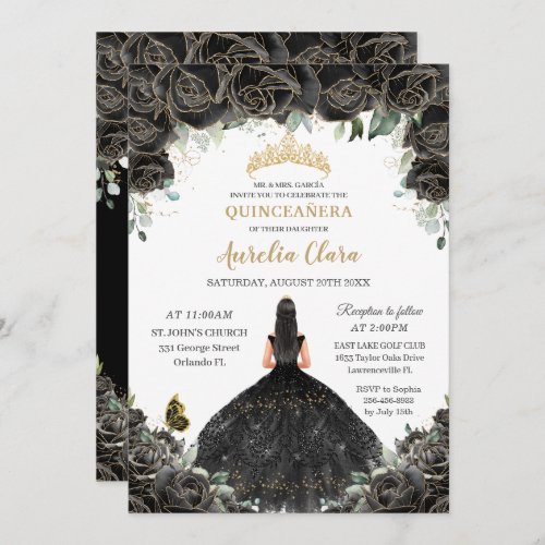 Quincea&#241;era Black Floral Flowers Girl Dress Gold Invitation
