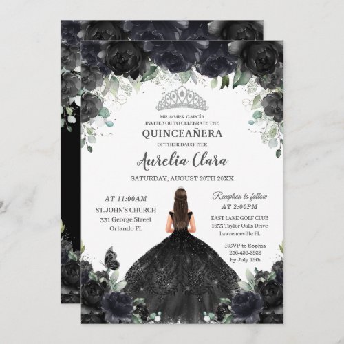 Quinceaera Black Floral Flowers Girl Dress Silver Invitation