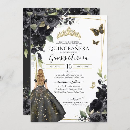 Quinceaera Black Floral Gold Butterfly Dress Invi Invitation