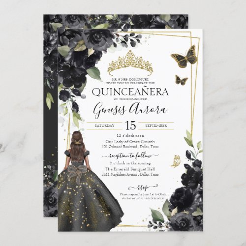 Quinceaera Black Floral Gold Butterfly Dress Invitation