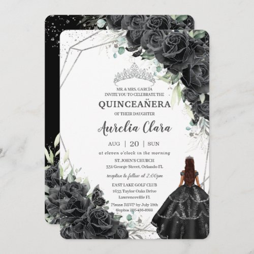 Quinceaera Black Floral Roses Brown Tan Princess  Invitation