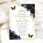 Quinceañera Black Floral Roses Butterflies Gold Invitation<br><div class="desc">Personalize this lovely quinceañera invitation with own wording easily and quickly,  simply press the customize it button to further re-arrange and format the style and placement of the text.  Matching items available in store!  (c) The Happy Cat Studio</div>