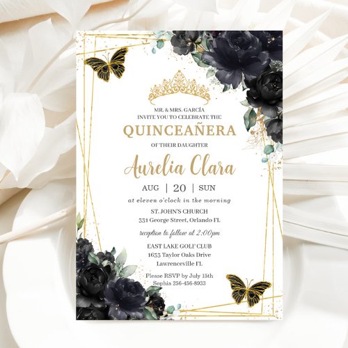 Quinceaera Black Floral Roses Butterflies Gold Invitation