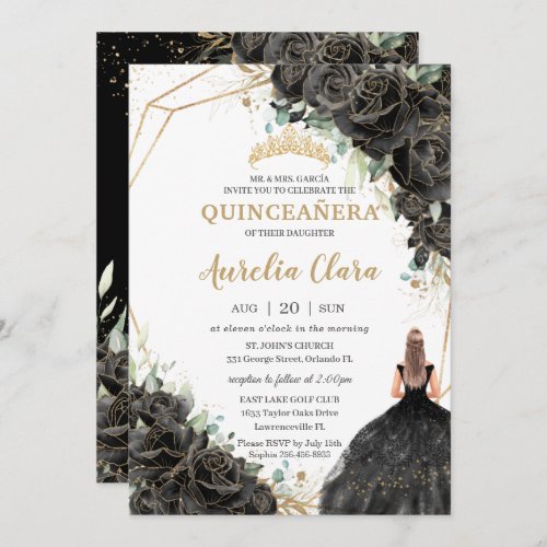 Quinceaera Black Floral Roses Dress Gold Crown  I Invitation