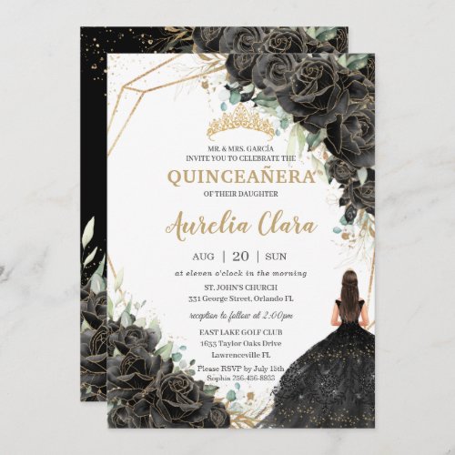 Quinceaera Black Floral Roses Dress Gold Crown  Invitation