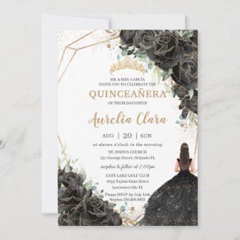 Quinceañera Black Floral Roses Dress Gold Crown Invitation | Zazzle